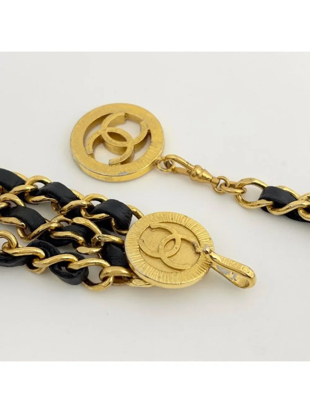 Chanel CC Logo Chain Belt Triple Strand Leather Gold Black